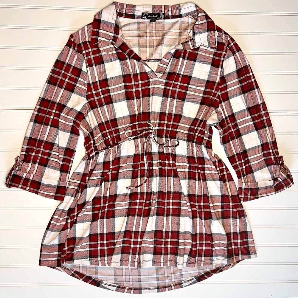 Derek Heart 3/4 Sleeve Burgandy & Plaid Maternity Top - Sz XL